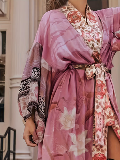 Floral & Crane Pattern Cover Up, Long Sleeves Loose Fit Beach Kimono Cardigan, Women's Swimwear & Clothing