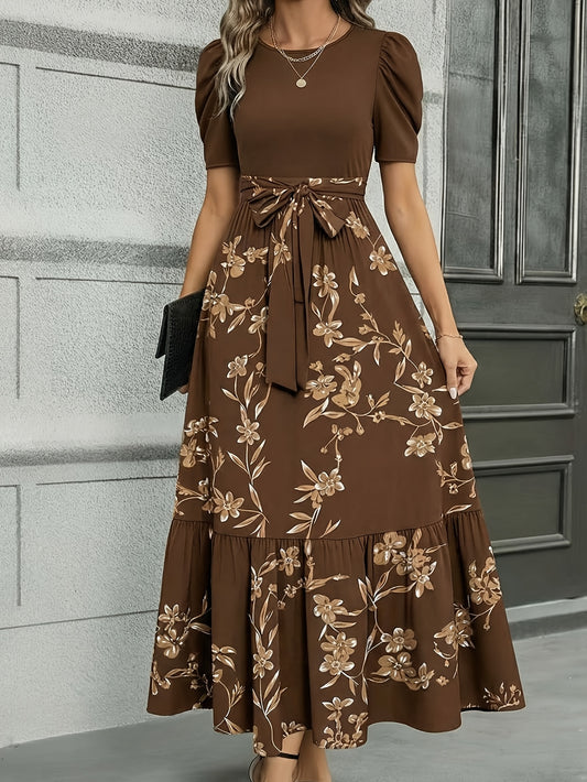 Women'S Floral Cinched-Waist Casual Long Dress, Suitable for Light Business Gatherings | Weekend Afternoon Tea And Similar Occasions, Elegant And Refined