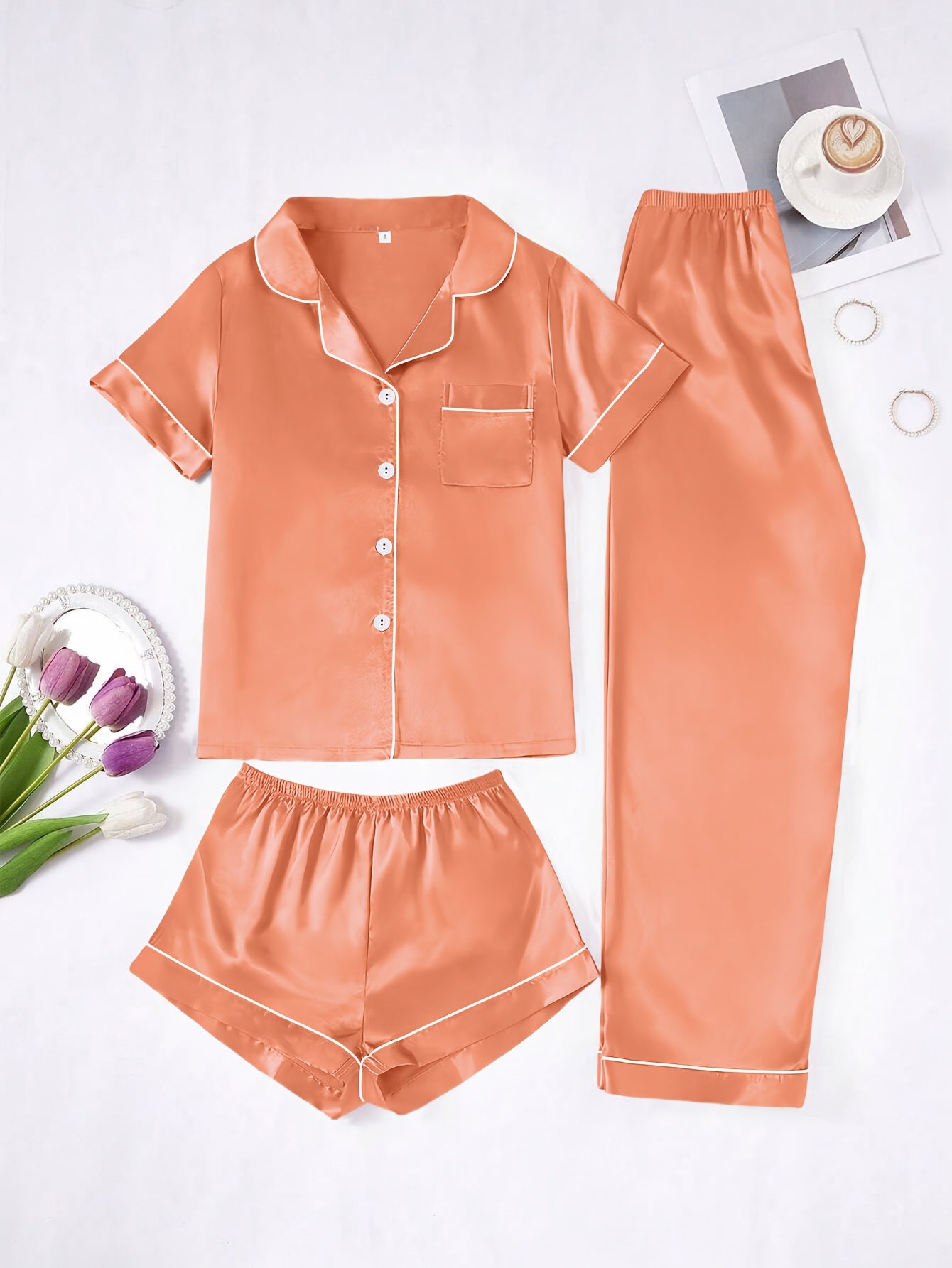 Solid Color Women'S Simple And Comfortable 3pcs Pajama Set, Includes 3pcss: Collared Short-Sleeve Top & Elastic Waist Shorts & Elastic Waist Long Pants Women'S Pajama Set