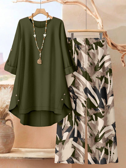 Plus Size, Plus Size - Plus Size - A Stylish 2pcs Outfit for Plus-Size Women Featuring an Asymmetrical Button-Up Top And Wide-Leg Pants with Artistic Prints, Perfect for Daily Elegance