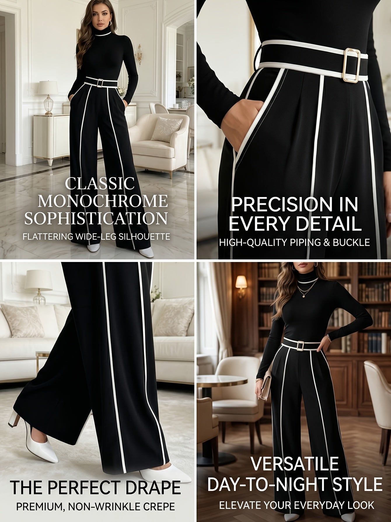 Elegant Stand-collar Top with Contrasting Trim And Waist- Long Sleeves, Paired with Wide-leg Trousers Two-piece Set