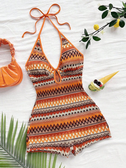 Women's Exotic Cool Orange Ethnic Geometric Print Halter Romper | Full Retro Print with Slim Fit, Eye-catching for Island Vacations and Music Festivals