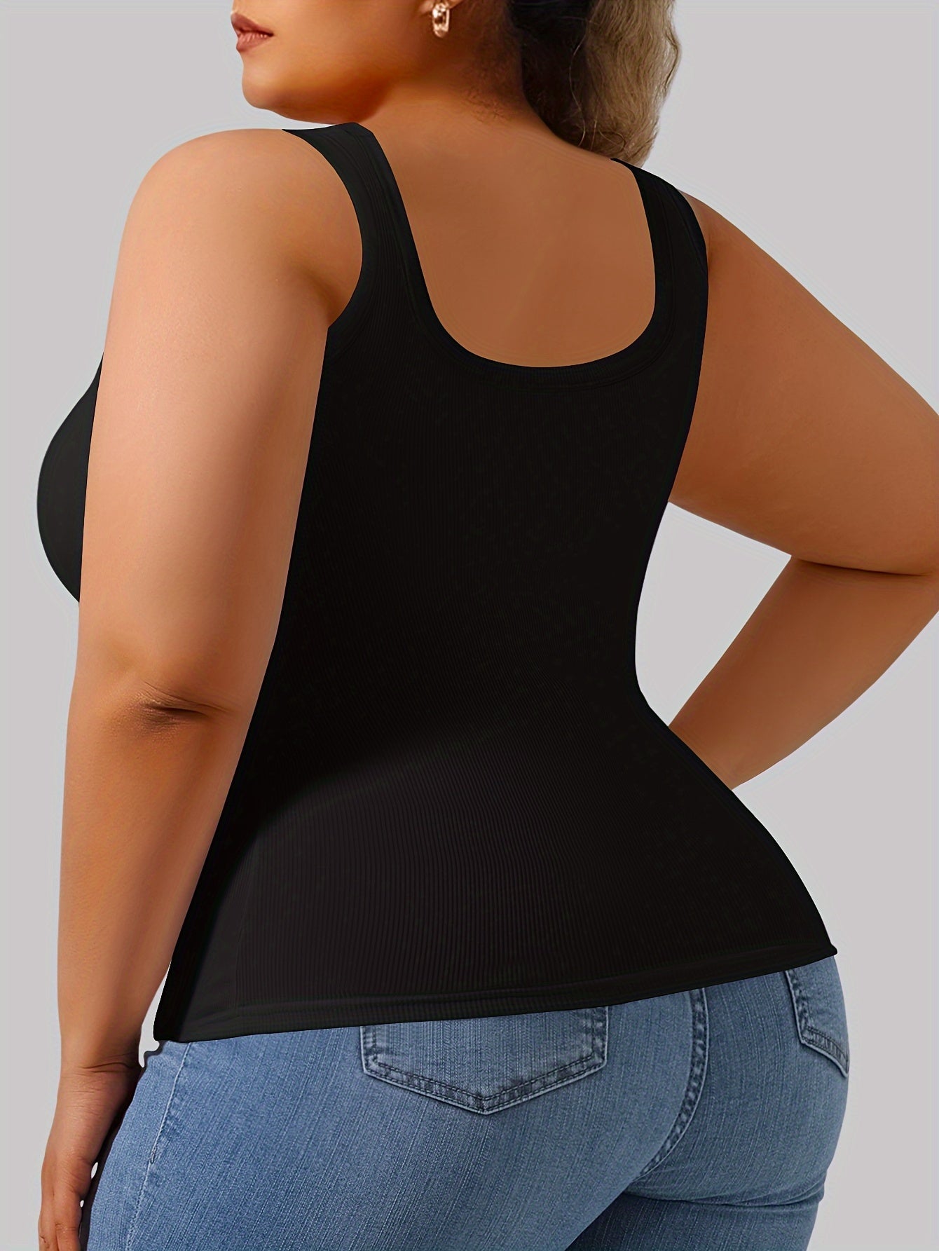 Big U Beauty 2-in-1 Backless Ribbed Base Vest with Built-In Pads & Coasters - High-Elasticity Striped Slim Fit Sleeveless Top for Plus Size Women, Casual Elegant Layering Essential