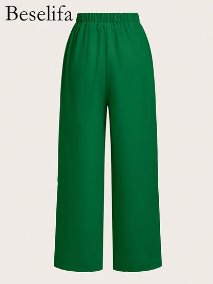 New Summer Elegant Round Neck Sleeveless Loose Hem Cropped Top Straight Trousers Women'S Two-Piece Set