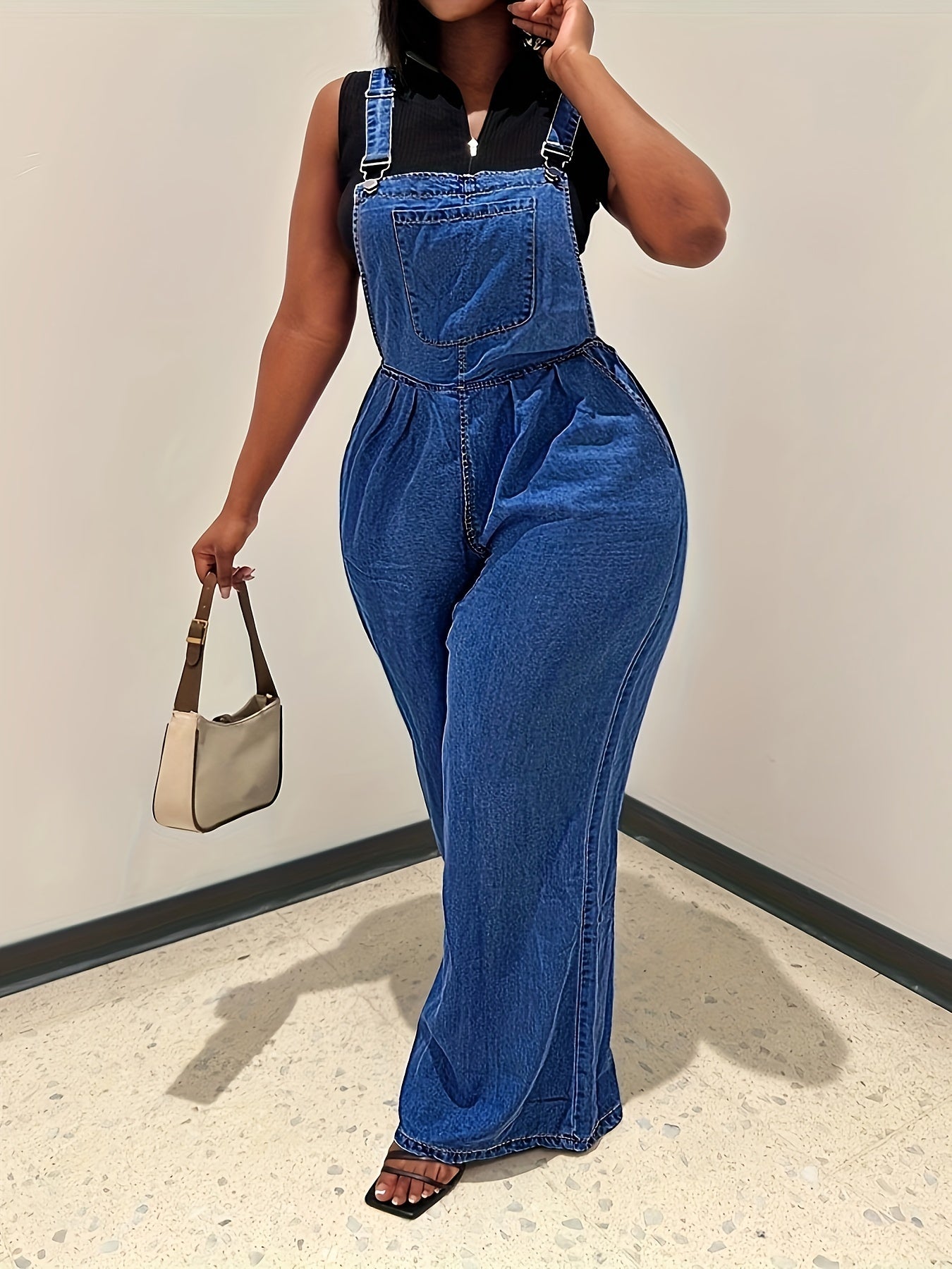 Women's Denim Overalls - Loose-Fit Sleeveless Casual Style With Side Pockets, Wide-Leg Jumpsuit Dungarees