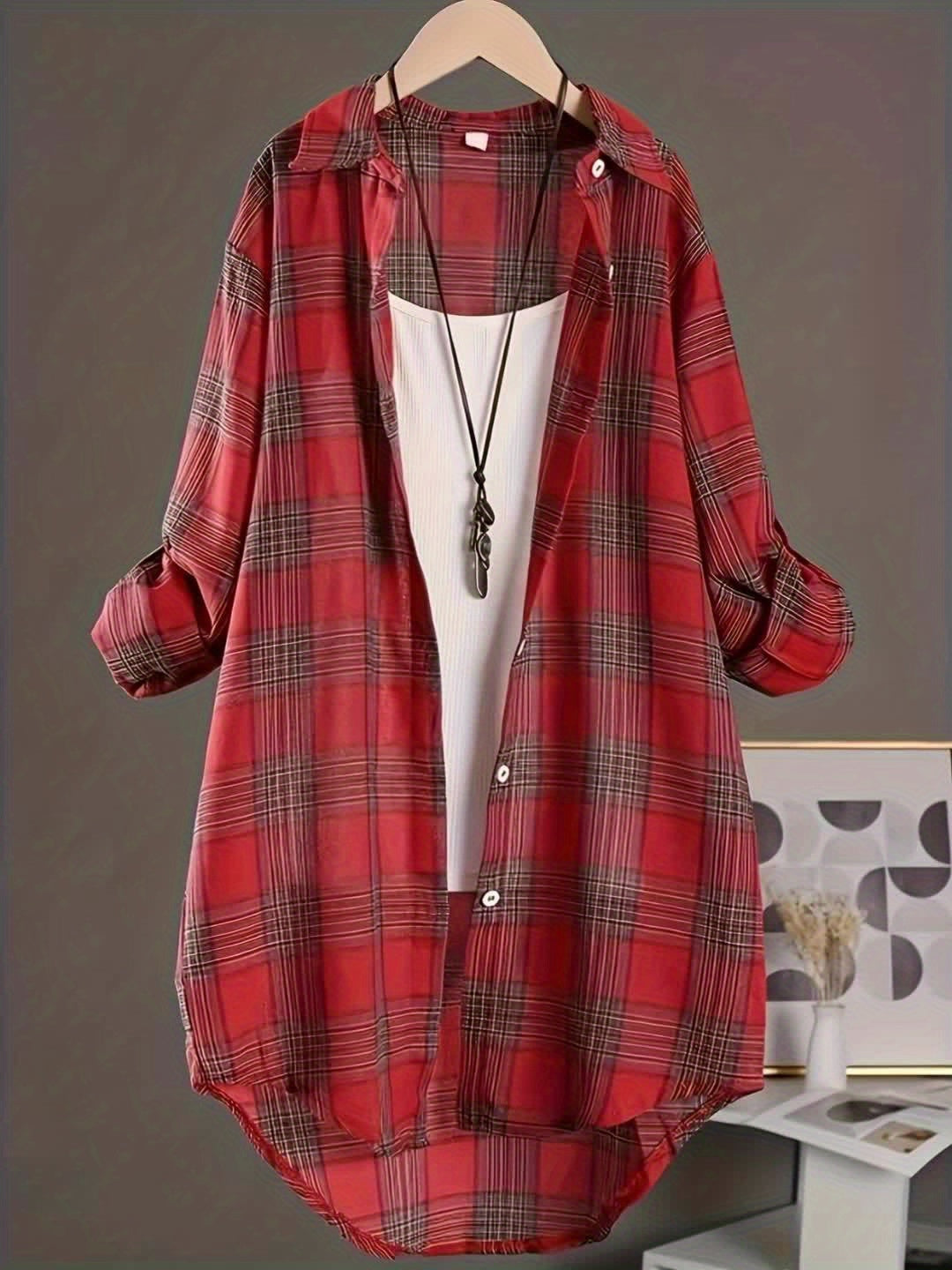Plus Size - Plus Size - Plus Size Womens Casual Plaid Shirt - Lapel Collar, Dipped Hem, Semi-Sheer, Long Sleeve, Button Front, Perfect for All Seasons