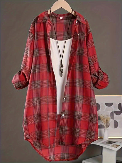 Plus Size - Plus Size - Plus Size Womens Casual Plaid Shirt - Lapel Collar, Dipped Hem, Semi-Sheer, Long Sleeve, Button Front, Perfect for All Seasons