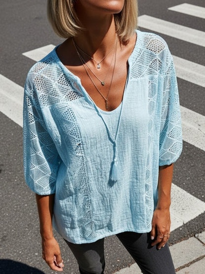 New U-Neck Lace Patchwork Top- Loose Three-Quarter Sleeve Design- Fashion Blouse