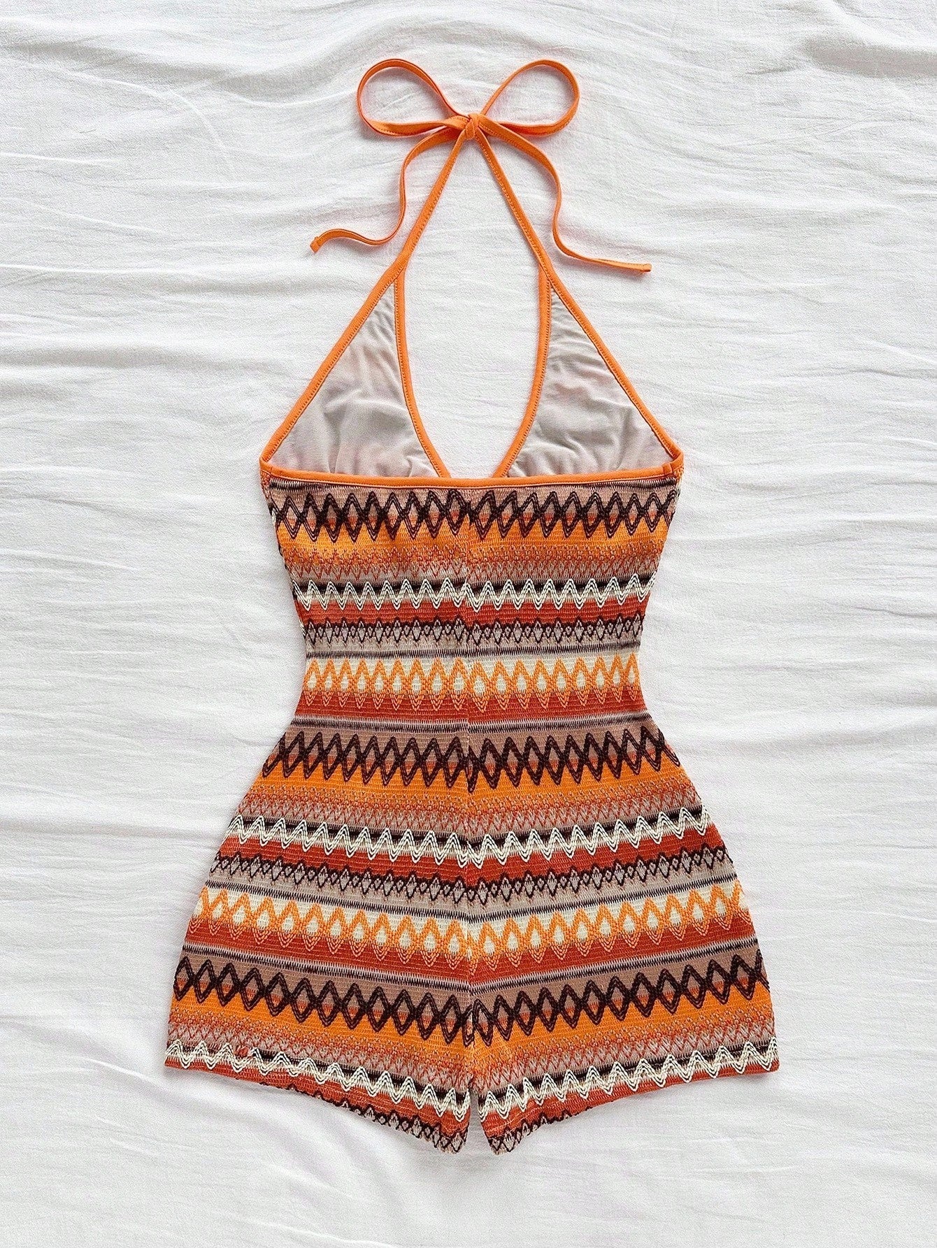 Women's Exotic Cool Orange Ethnic Geometric Print Halter Romper | Full Retro Print with Slim Fit, Eye-catching for Island Vacations and Music Festivals