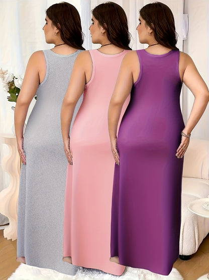 3pcs Set Of Women's Plus Size Sleeveless Vest Sleep Dress Evening Gown No Print Solid Color Simple Style Casual Version Very Comfortable Home Clothing