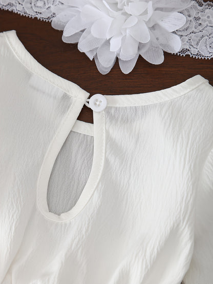 2pcs Baby Girl'S Lace Dress Set, Crew Neck, Long Sleeve, Solid Color, Non-Stretch Fabric, with Contrast Lace Detail, with Matching Floral Headband, for Spring/Fall, Elegant Princess Style Ha Yi Skirt Outfit for Children