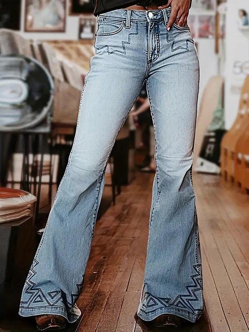 High-Waisted Flare Jeans with Geometric Hem Design, Light Blue Denim, Western Style