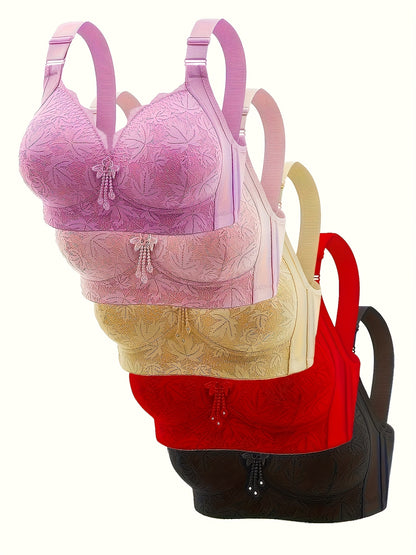 5pcs, Patterned, Adjustable, Gathered, Bra