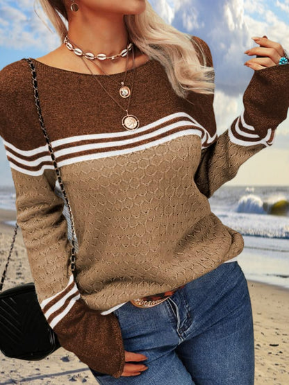 Women Autumn Winter Colorblock Pullover Sweaters Round Neck Striped Slim Fitting Knitwear Tops