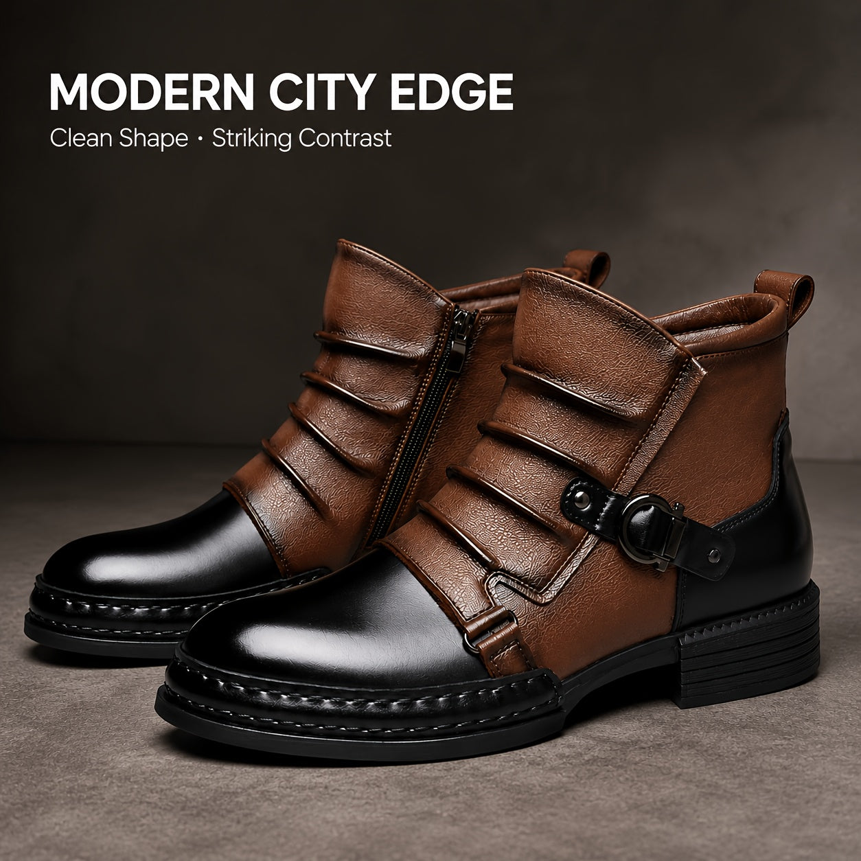 Men'S Faux Two-Tone High-Top Ankle Boots - Ruched Detail, Side Zip & Buckle Strap, Casual Streetwear Boots