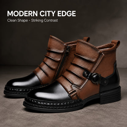 Men'S Faux Two-Tone High-Top Ankle Boots - Ruched Detail, Side Zip & Buckle Strap, Casual Streetwear Boots