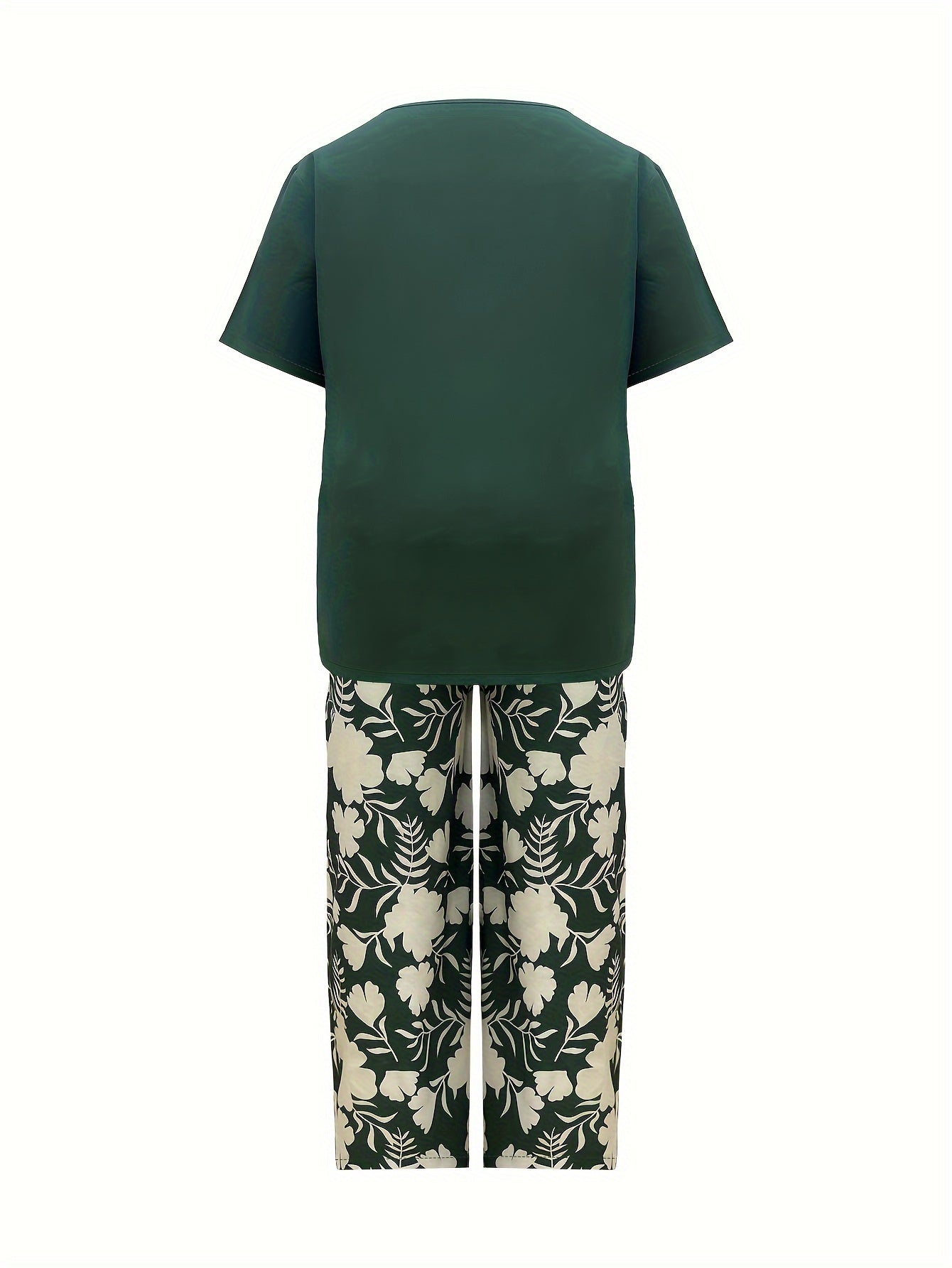 Plus Size Women's Botanical Print Two-Piece Set- Round Neck Tops with Random Floral Print Wide Leg Pants Featuring Pockets, Perfect for Spring and Summer Casual or Stylish Outfits