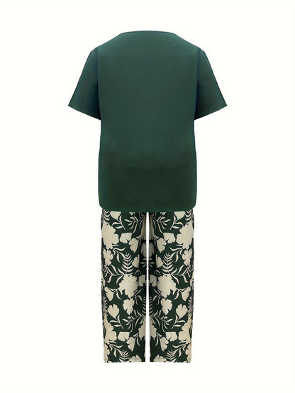 Plus Size Women's Botanical Print Two-Piece Set- Round Neck Tops with Random Floral Print Wide Leg Pants Featuring Pockets, Perfect for Spring and Summer Casual or Stylish Outfits
