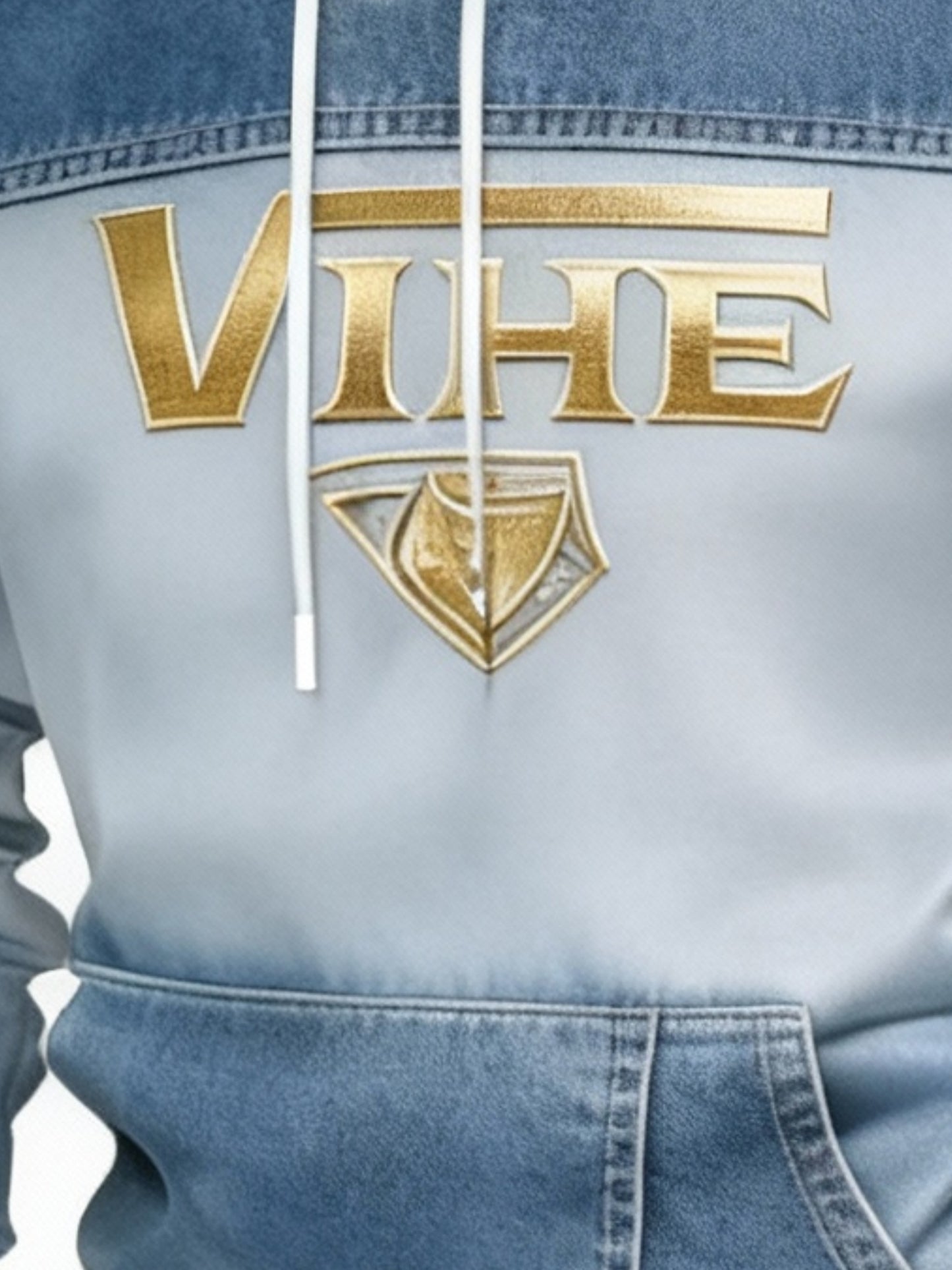 [VIHE Gradient Faux Denim Print Hooded Set] Men'S Hooded Sweatshirt And Jogger Pants, Faux Denim Print Gradient Texture Design, Golden VIHE Brand Logo Accent, Relaxed Fit for Daily Casual/Retro Style Wear, Faux Denim Print Texture Combines Comfort