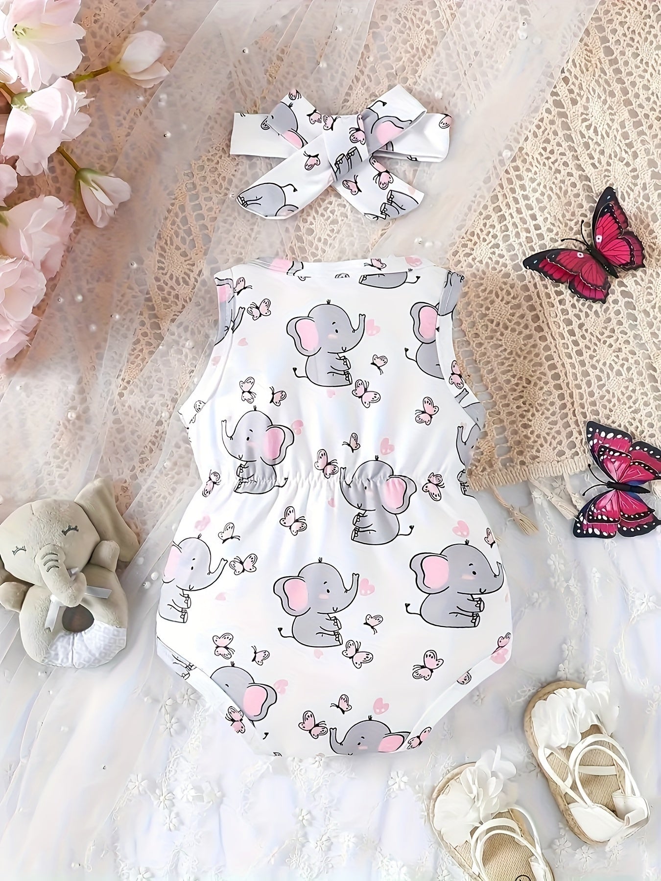 Triangle Bodysuit And Hairband Featuring a Butterfly And Elephant Print for Babies, a Casual Sleeveless Romper, Perfect for Summer, Suitable for Toddler And Infant Girls, Ideal As a Gift, for Outdoor