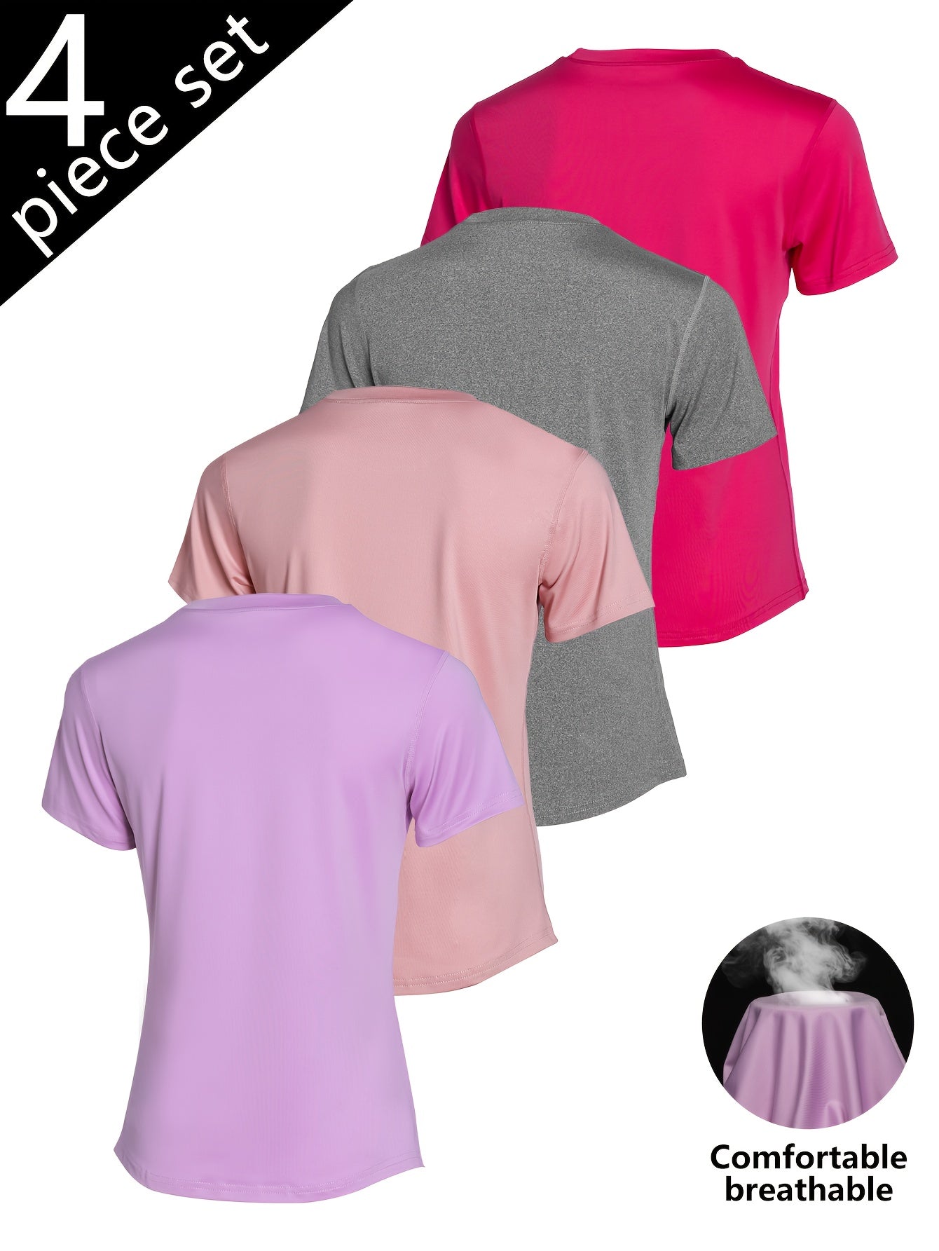 4pcs Solid Sports Tee Round Neck Slim Stretchy Ideal for Yoga Gym Workouts Women'S Athletic Wear Sporty Style Clothes Gym Shirts Workout Tops Oversized Gym Shirts Fitness Outfit, Summerwins
