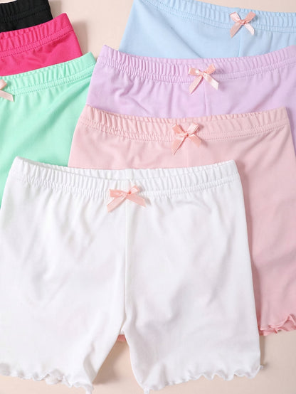 7pcs Girls' Sweet & Cute Colorful Boxer Briefs - Soft Polyester & Elastane Blend, Comfortable Safety Shorts with Bow Detail, Non-Transparent, All-Season Wear, Casual Youngsters Shorts|Playful Bow Detail|Knitted Construction