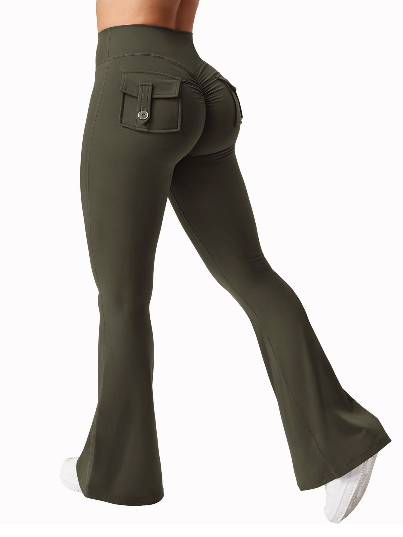 FOEIERAA 1pc Fashion Workwear Style Flare Pants, Women's Casual Flare Pants, High-Waist Pocket Joggers, Workwear Style Peach Butt Yoga Pants, Quick-Dry Tummy Control Butt Lifting Sexy Long Pants, Flare Leggings