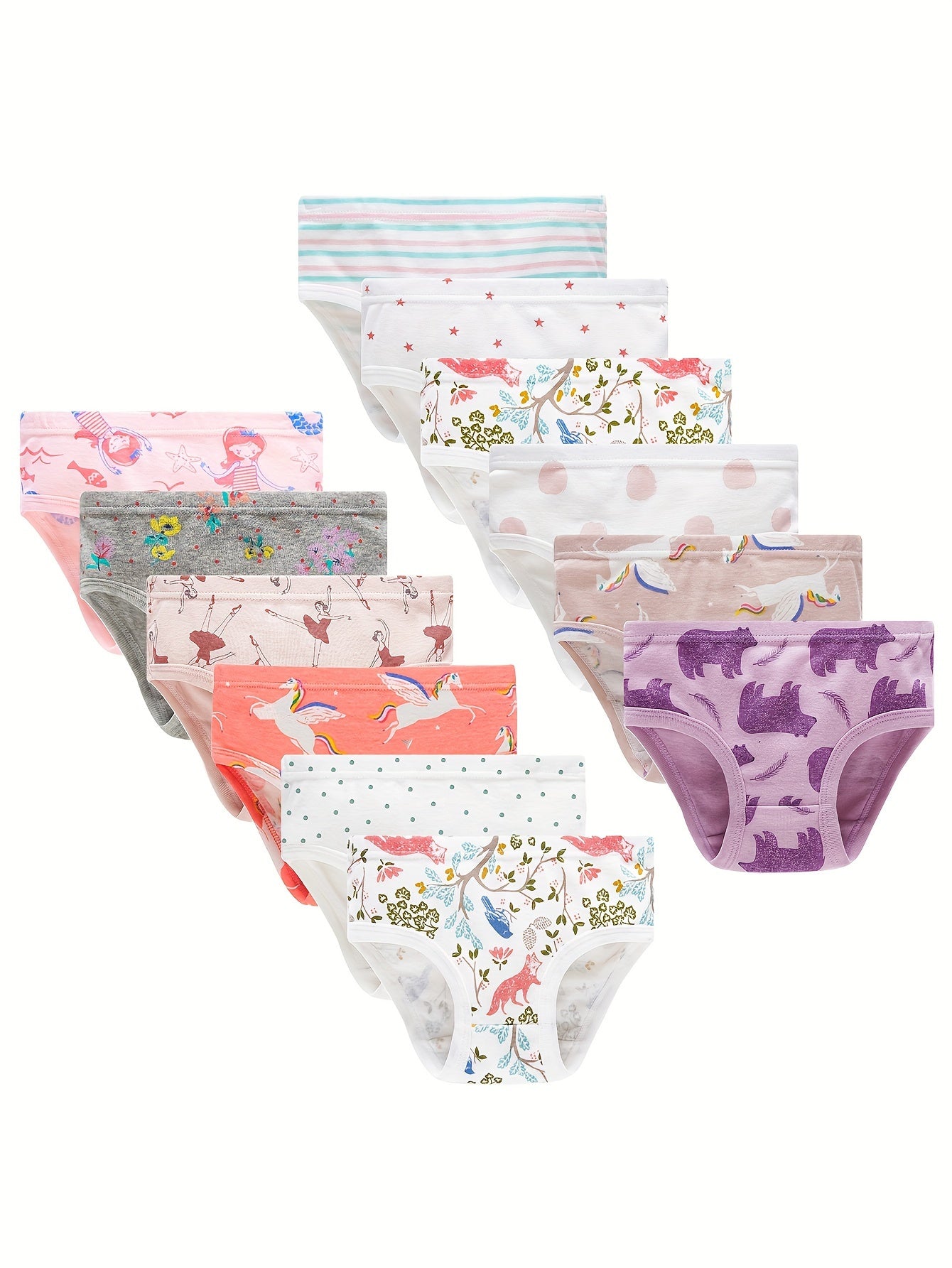 12 Pack Girls' 100% Cotton Underwear - Cute Mermaid, (Pegasus), Fox, Teddy Bear & Stripes Triangle Briefs | Semi-Sheer Breathable Panties for to Teen Girls | Year-Round, Easy Hand Wash Care