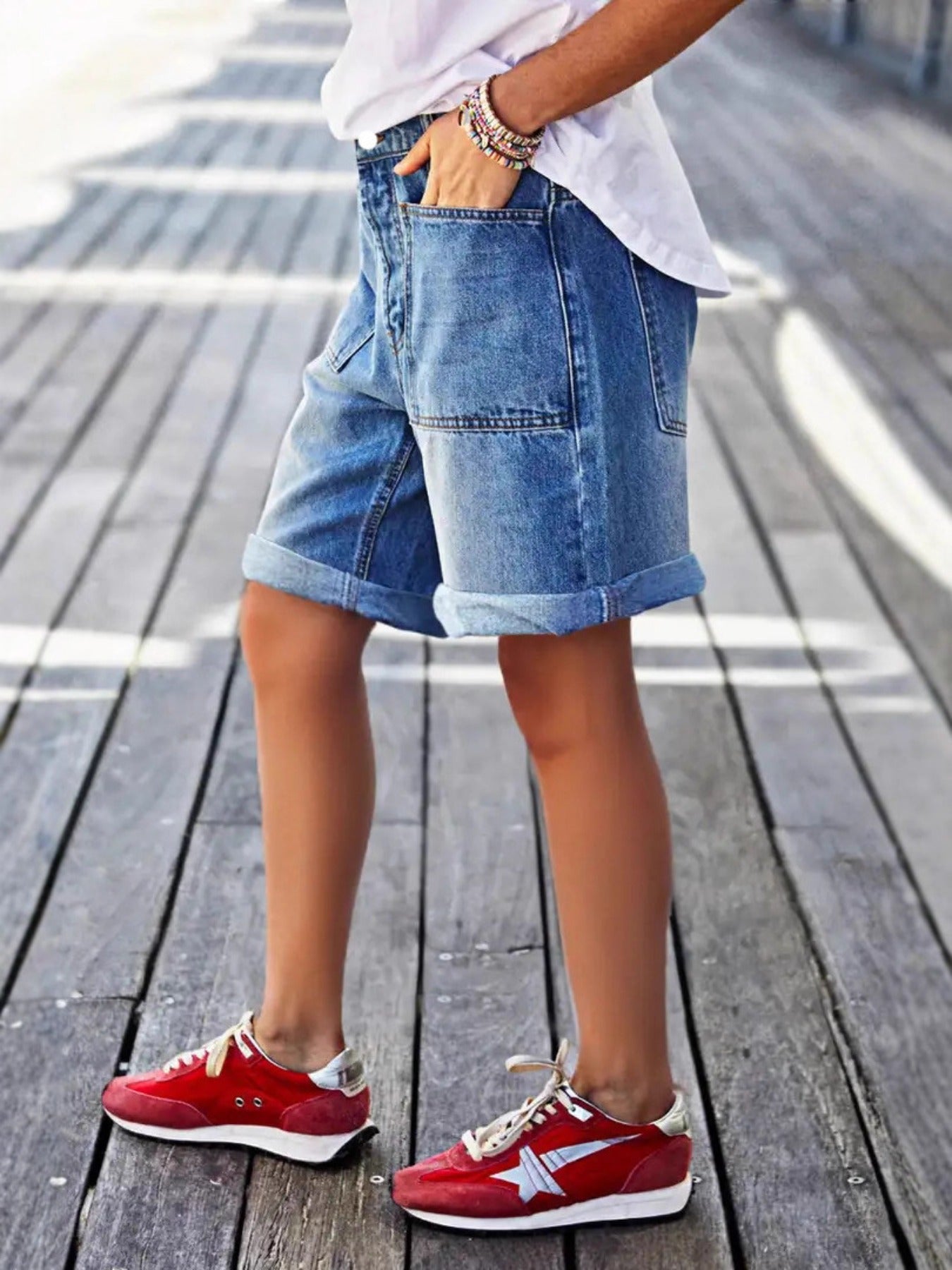 Plus Size Women Summer Clothes Women'S Stretchy And Simple Large-size Denim Shorts - Loose High-waist, Water-washed Finish, Rolled-edge Wide-leg Stretch Fabric, Comfortable And Versatile For All Occasions