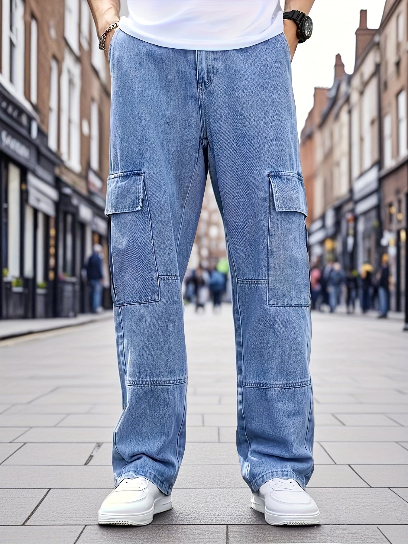 Men's Light Blue Denim Work Pants - Multi-Pocket Wide Leg Trousers Suitable for All- Outdoor Wear, Loose Fit High Street Style with Built-In Zipper Closure, Machine Washable Blended Denim for Casual & Work Pants