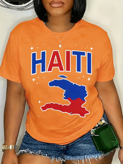 Haiti Map Print Women's TShirt Perfect for Dates, Home Office, Cafes, Mother's Day, Easter, and Any Holiday Celebrations, Ideal Summer Casual Wear