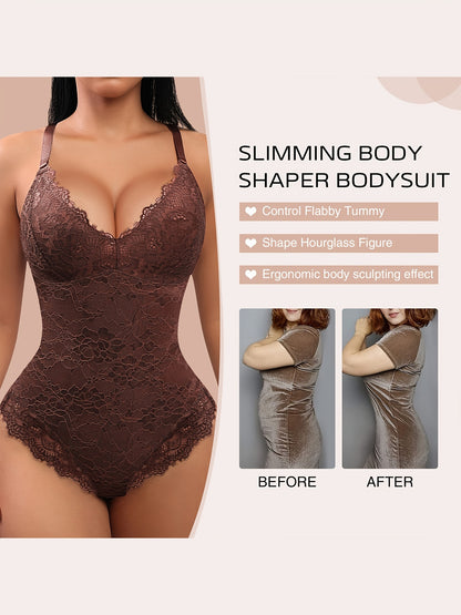Sleeveless V-Neck Lace Bodysuit for Women, Tummy Control Shapewear Jumpsuit