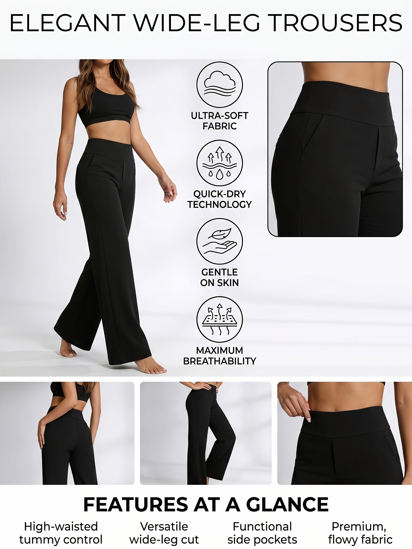 2pcs Women's High Waist Solid Color Wide Leg Pants with Double Pockets, Butt Lifting Slim Fit Trousers, Lightweight Breathable Skin-Friendly Fabric, Versatile for Office Work Daily Streetwear