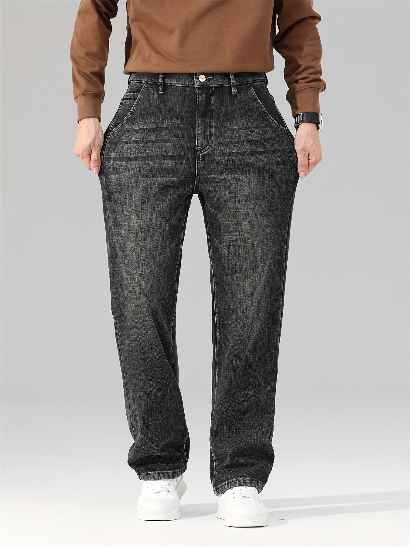 Men's Warm Fleece Stretch Jeans, Loose Casual Fleece Jeans, Straight Mid-waist Fashionable Versatile Jeans, Suitable For Daily, Business, Outdoor