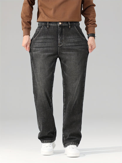 Men's Warm Fleece Stretch Jeans, Loose Casual Fleece Jeans, Straight Mid-waist Fashionable Versatile Jeans, Suitable For Daily, Business, Outdoor