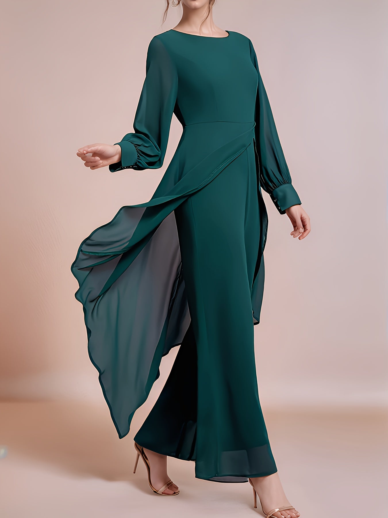 Ladies' Elegant Two-piece Set, Fashionable Chiffon Top with Flowing Sleeves, Wide-leg Pants, And Stylish Accessories - A Must-have Party Dress Pants Set for All Seasons.