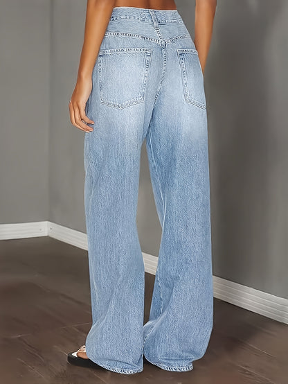 Women'S Wide Leg Mid-Waist Casual Drawstring Hollowed Out Jeans with Pockets, Comfortable And Versatile, Casual And Fashionable, Very Suitable for Work, Travel, Shopping And Daily Wear