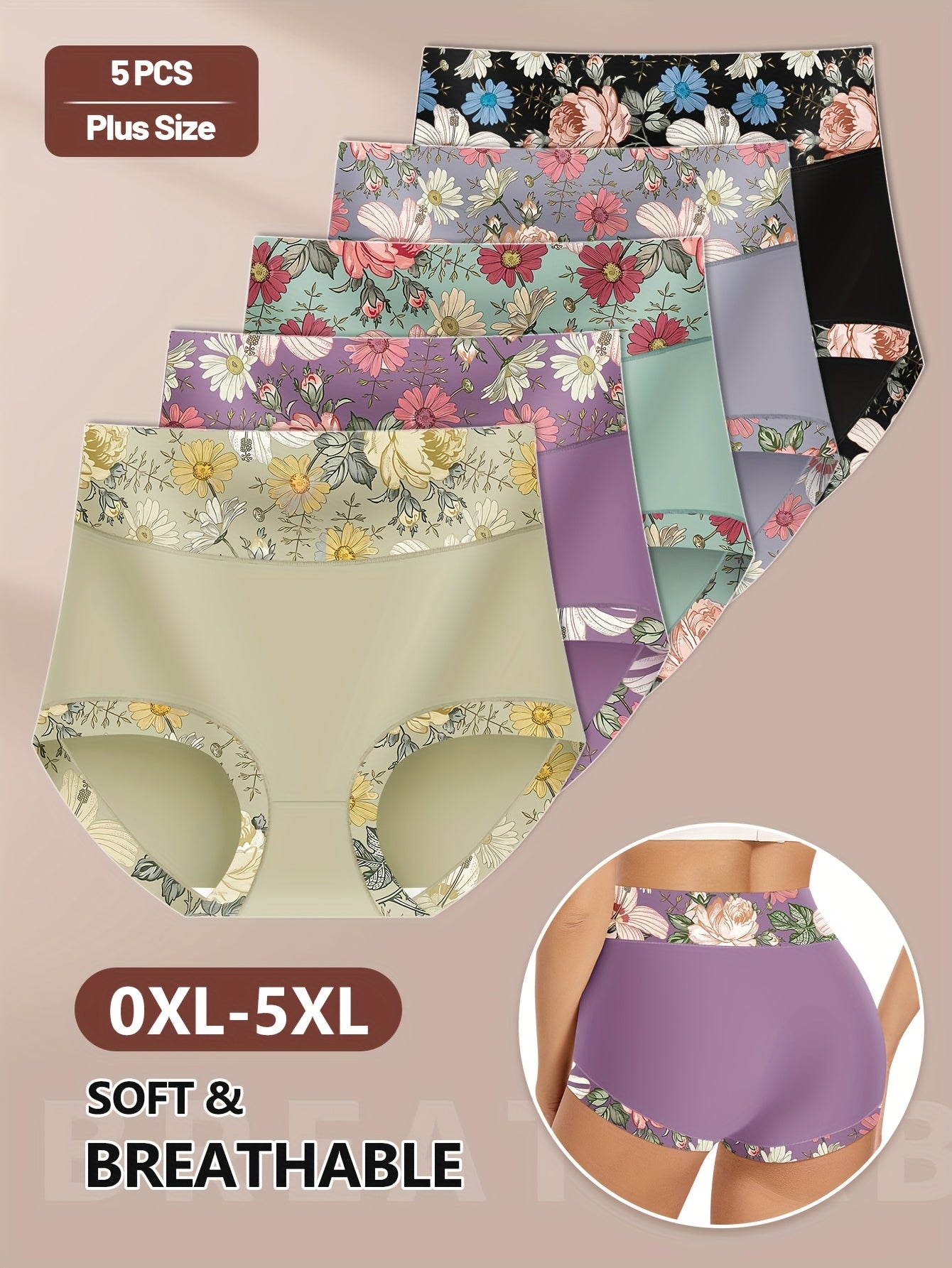 5pcs Plus Size Elegant Panties Women's Floral Print High Waisted Soft Briefs