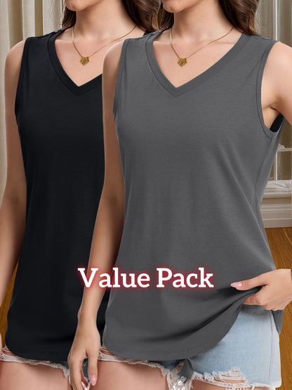 [2 Pack V-Neck Tank Tops] 2 Pack Women's V-Neck Tank Tops - Loose Fit Sleeveless Shirt, Stretchy Material, Comfortable Fit, Fashionable Summer Wear for Beach & Holiday | Daily Casual Tops for Spring, Summer & Autumn | Value Pack