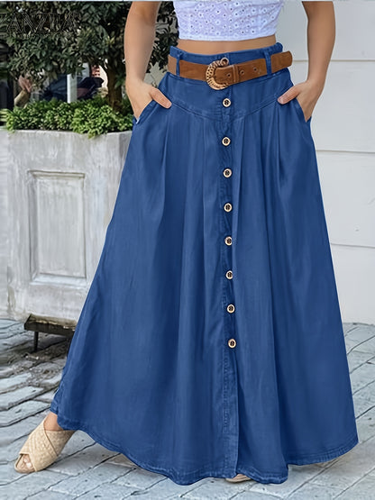 Women's Blue High Waist Button Front Denim Maxi Skirt, Slim Fit A-Line Midi Skirt for Casual/Retro Outfits