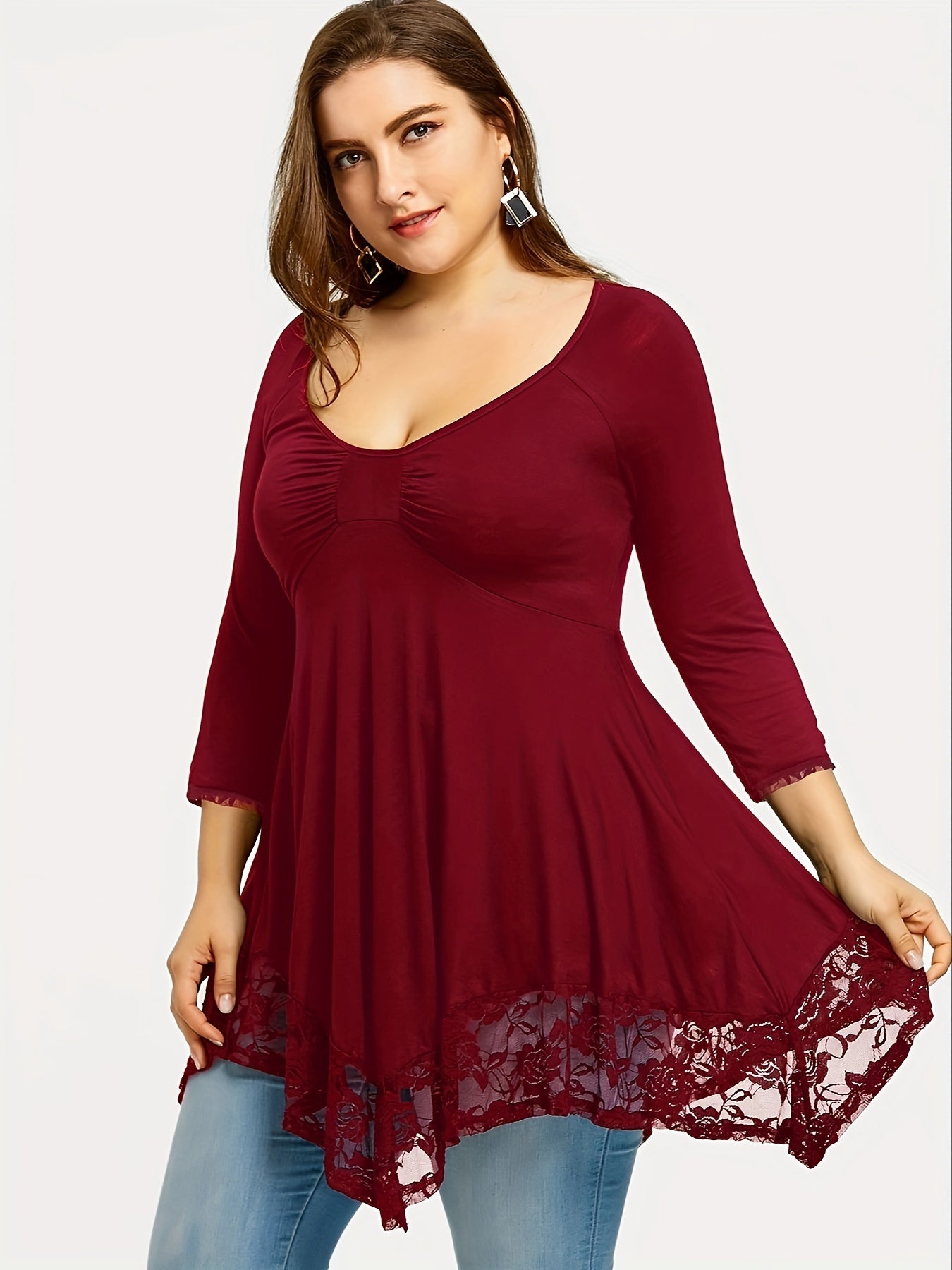 Plus Size - Plus Size - Floral Jacquard Lace Top in Plus Size - Stylish Contrast Edging, Round Neckline, Long Sleeves - Elegant Solid Tops for Curvy Women for Easy Fashion
