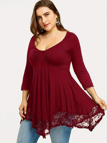 Plus Size - Plus Size - Floral Jacquard Lace Top in Plus Size - Stylish Contrast Edging, Round Neckline, Long Sleeves - Elegant Solid Tops for Curvy Women for Easy Fashion