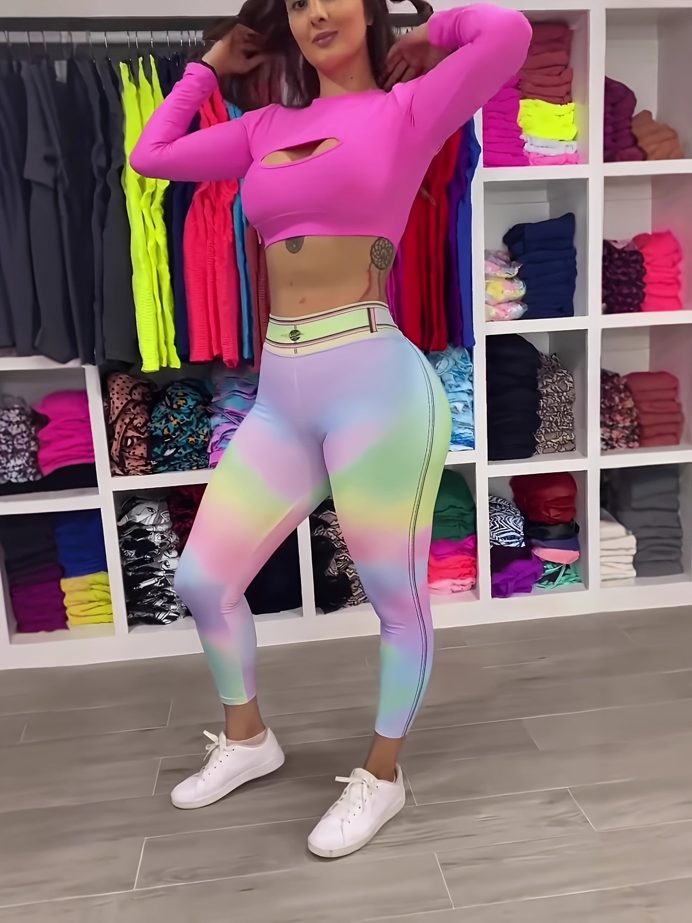 Women's High Waisted Butt Lifting Rainbow Gradient Leggings - Denim Pocket Print Stretchy Yoga Pants for Workout & Daily Casual Wear