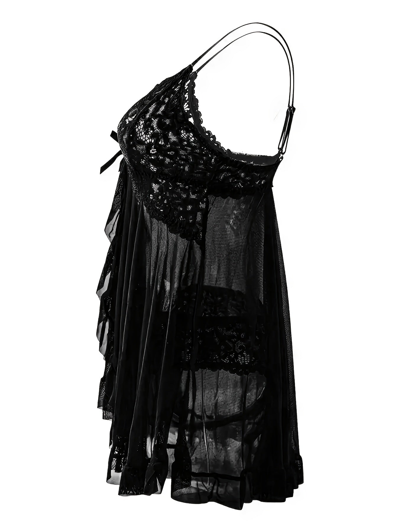 Big Size Sultry Valentine Lace Sleepwear Dress Set - Exquisite Lace, Flattering V-Neckline, Daring Backless Design, Delicate Ruffle Trim, Trendy Split Hem, Seductive Thong Detail, Ultra-Comfortable Fabric, Perfect For Romantic Night, Anniversary Gift