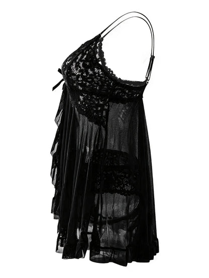 Big Size Sultry Valentine Lace Sleepwear Dress Set - Exquisite Lace, Flattering V-Neckline, Daring Backless Design, Delicate Ruffle Trim, Trendy Split Hem, Seductive Thong Detail, Ultra-Comfortable Fabric, Perfect For Romantic Night, Anniversary Gift
