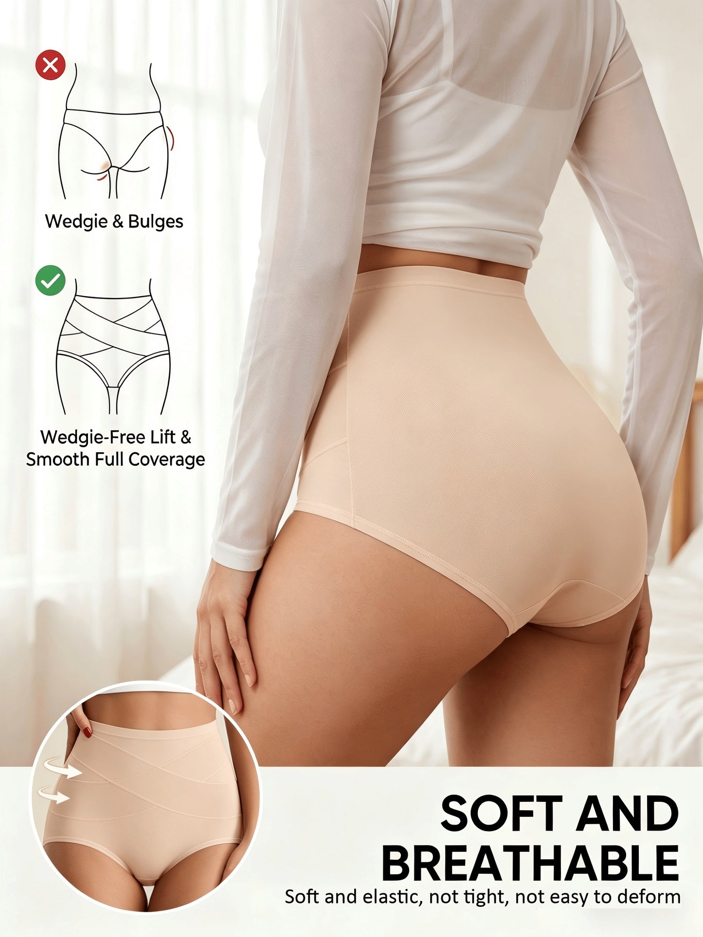 4Pack High Waist Tummy Control Briefs, Elegant Comfy Breathable Stretchy Women's Panties, Women's Lingerie & Underwear