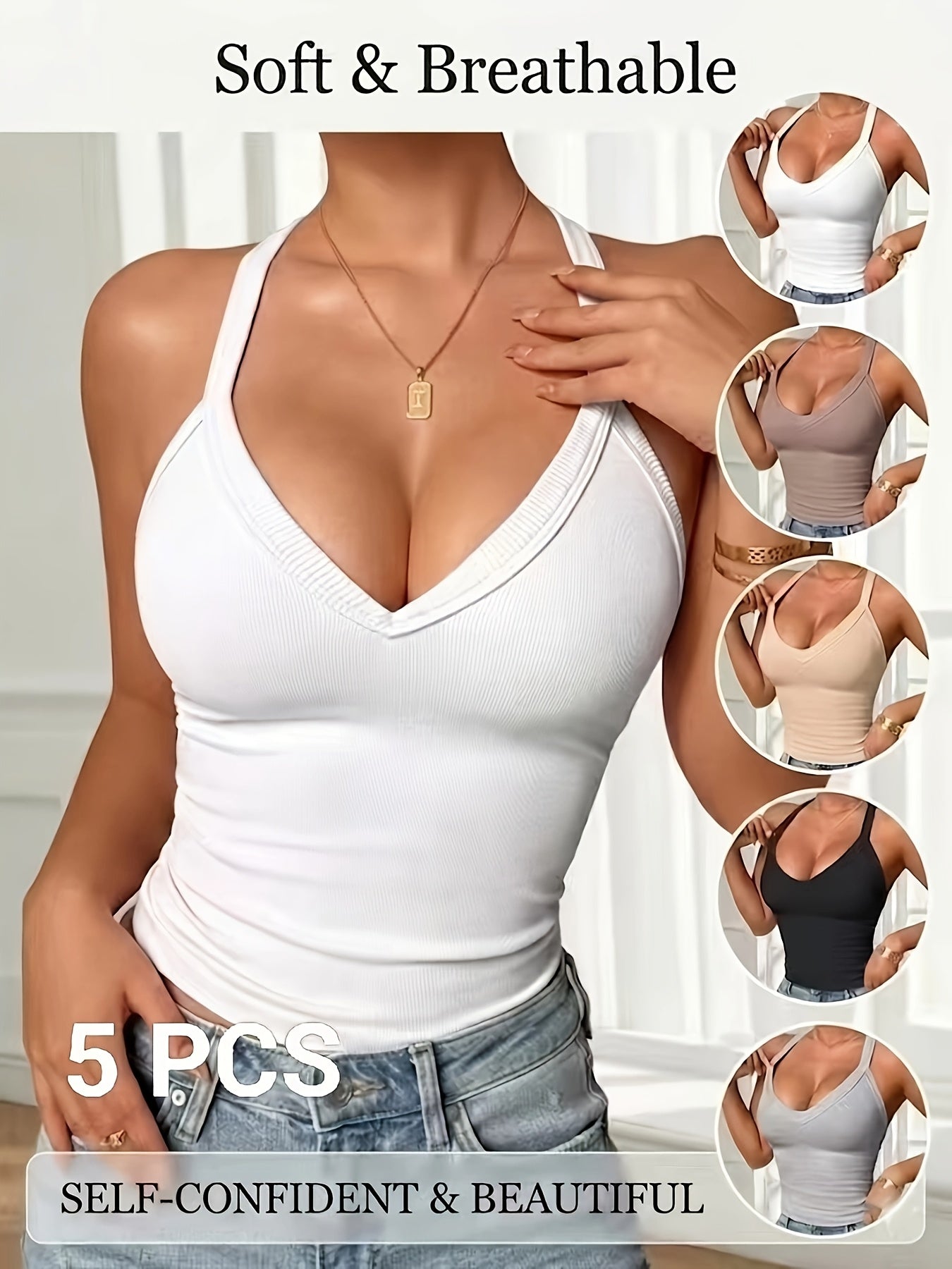 5pcs Women'S Ribbed V-neck Vest, Comfortable, Breathable, Sexy, Slim Fit, Sleeveless Suspender, Sports Vest