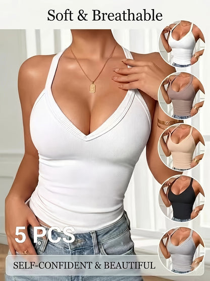 5pcs Women'S Ribbed V-neck Vest, Comfortable, Breathable, Sexy, Slim Fit, Sleeveless Suspender, Sports Vest