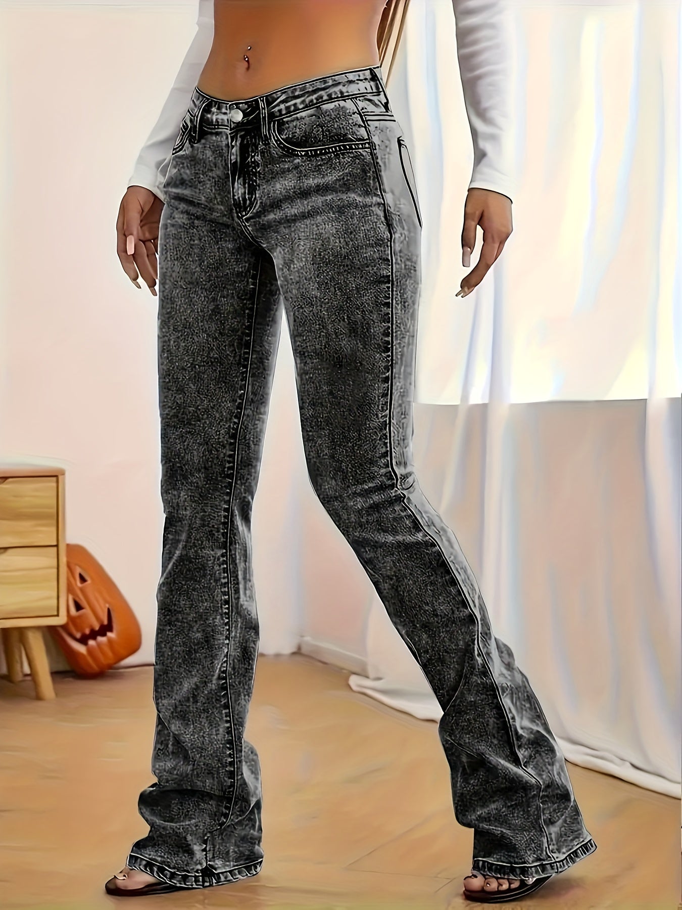 2026 NEW [Long Length Skinny Flare Jeans] Women'S Casual Skinny Flare Jeans, Long Length, Low Waist, Button Fly, Medium Stretch, All Seasons, Solid Color