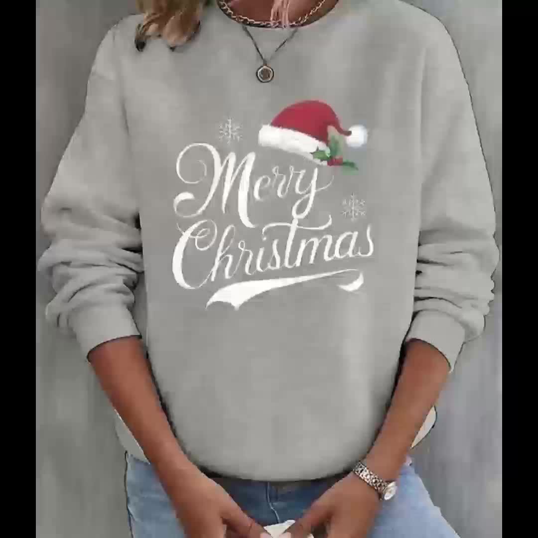 Christmas Themed Print Women'S Casual Crew Neck Sweater, Long Sleeve Pullover for Autumn/ Winter, Grey Sweatshir